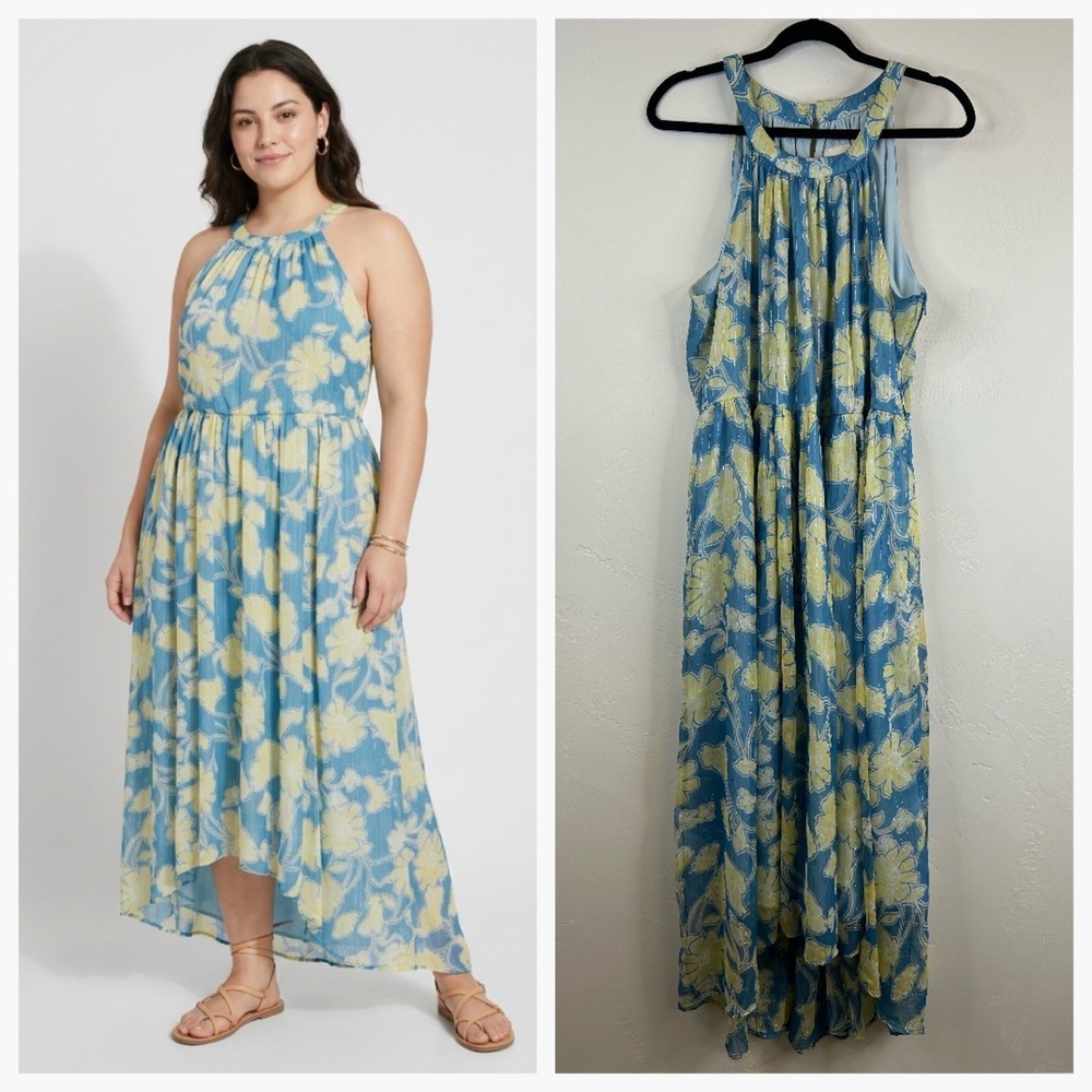 Whimsical Flowy Floral Halter Dress Size 3X Plus Size Retro Boho Hi Low Hem Blue